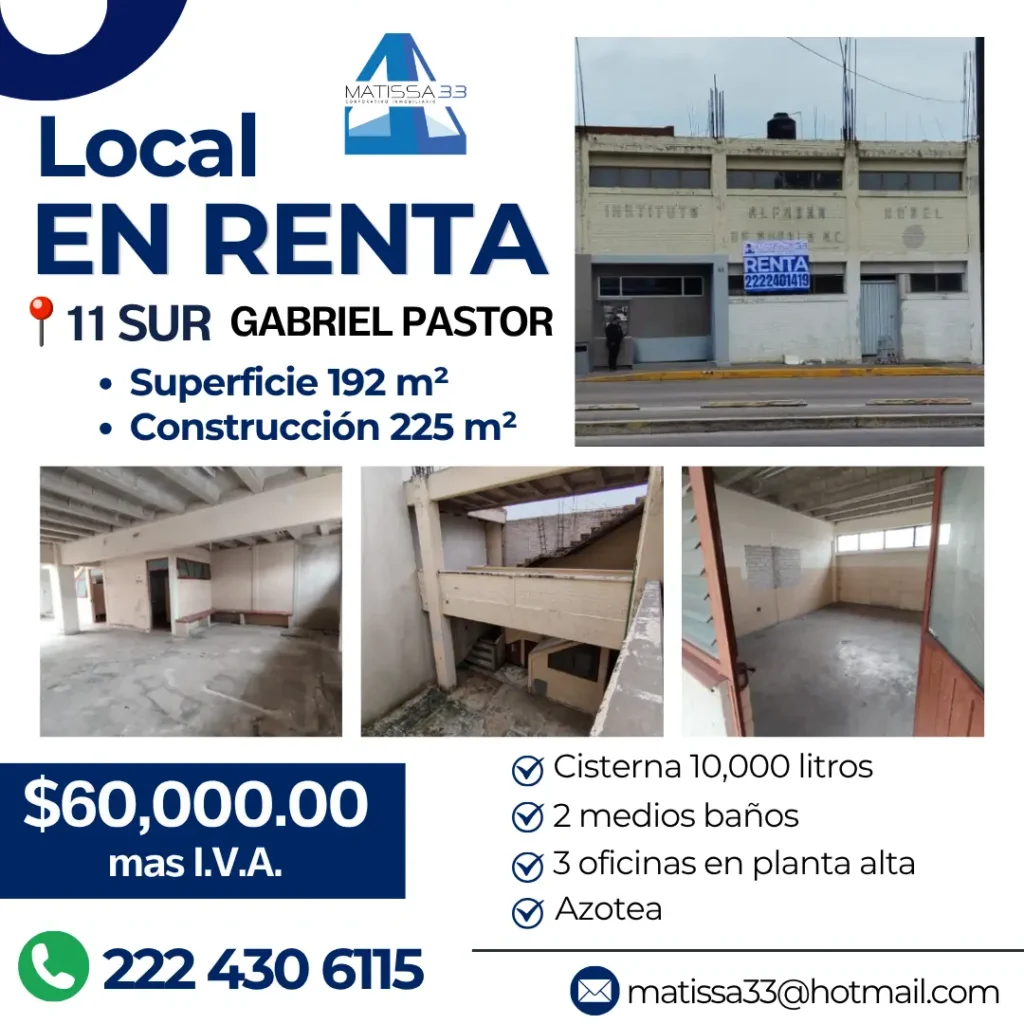 LOCAL EN RENTA | 11 SUR (GABRIEL PASTOR)